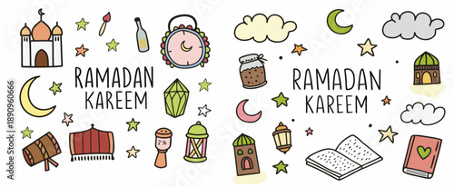 A colorful vector graphic illustration of Ramadan Kareem icons and symbols
