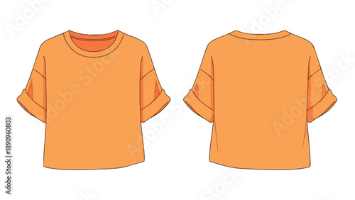 Vibrant orange short-sleeve t-shirt illustration with distinct rolled cuffs, showing both front and back aspects, ideal for casual apparel design