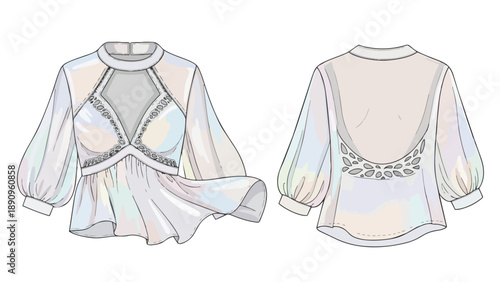 Elegant high-neck blouse technical sketch with sheer details, puff sleeves, and intricate back cut-out