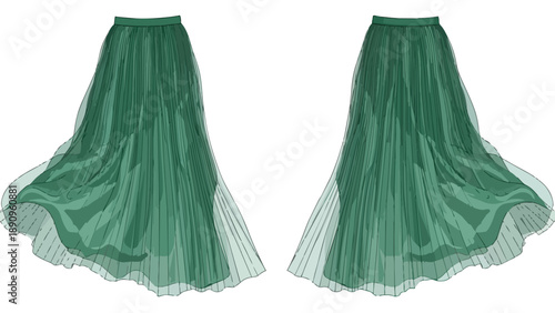 Elegant flowing sheer green pleated long skirts, a vibrant and graceful fashion apparel design illustration, showcasing exquisite textile movement