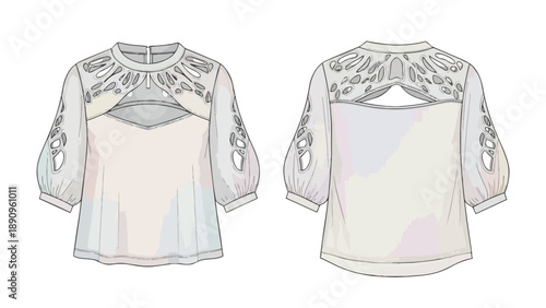 Stylish technical flat of a modern blouse with intricate cut-outs and voluminous puff sleeves