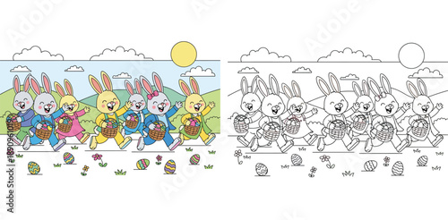 Cute cartoon rabbits marching with Easter egg baskets. Vector illustration featuring colored version and black and white outline for coloring book page, kids activity, and spring holiday design.