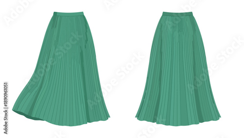 Two flowing teal green pleated maxi skirts, showcasing elegant drapery and comfortable stylish aesthetics for modern fashion, ideal versatile
