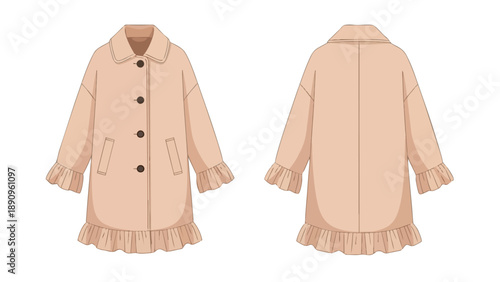 Contemporary loose-fit beige coat design, showcasing elegant ruffled sleeves and a playful flounced hem, presented with clear front and back views