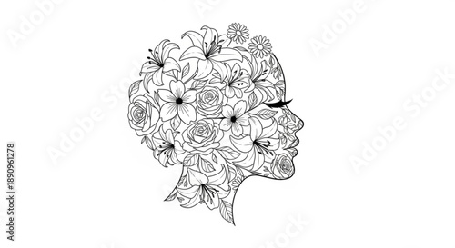 Woman's face made of flowers and leaves in profile view with closed eyes on white background
