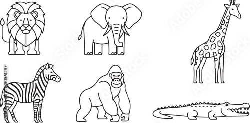Safari Animals Collection: Lion, Elephant, Zebra, Gorilla, Giraffe, Crocodile Icons Isolated on white background