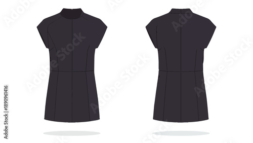 Flat vector technical sketch of a dark short-sleeved stand-collar tunic, showing front and back views for fashion design and apparel development