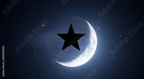 Crescent moon with a black star in a dark night sky with stars glowing brightly in space
