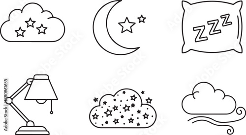 Sleep Icons Collection: Moon, Stars, Pillow, Lamp, Clouds, Wind Isolated on white background