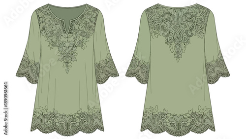 Detailed technical drawing of a women's sage green tunic, showcasing intricate bohemian embroidery on the V-neck, bell sleeves, and a scalloped hem.