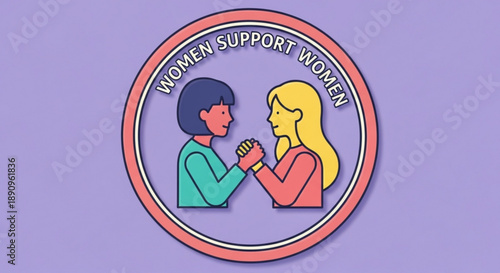 Women support women icon with fist bump illustration female empowerment symbol solidarity and sisterhood graphic vector art on purple background