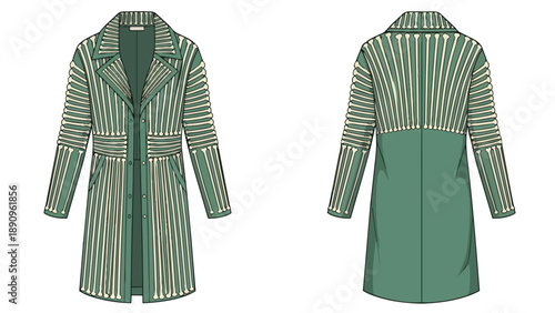 A sophisticated longline tailored coat design featuring unique bone-like textural patterns on a deep green fabric suitable for diverse stylish