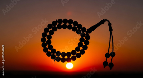 Prayer beads silhouetted against vibrant sunset with warm orange glow and deep shadows symbolizing spirituality and meditation