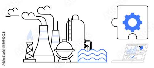 Industrial automation, environmental impact, factory analytics, production technology, energy management, system optimization. ion of a factory, gear puzzle and analytic chart. Industrial automation