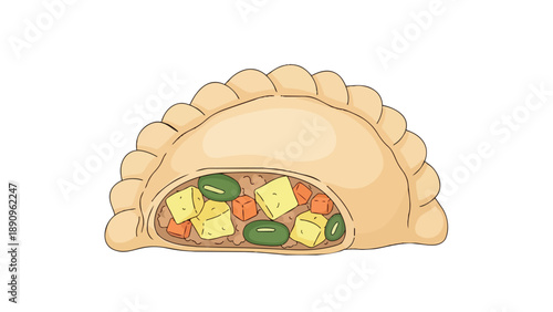 A delightful cartoon pastry, crimped and golden, reveals a wholesome filling of plant-based protein, vibrant carrots, and fresh green peas, ideal