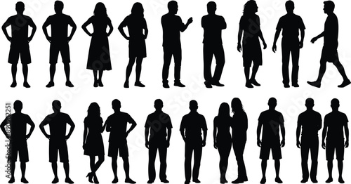 Human silhouette poses, black figure icons, standing people, body language clipart, vector humans, interaction shapes, fashion stance, character design elements