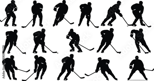 Ice hockey silhouettes, black sports icons, dynamic player poses, skating, shooting, puck control, stick action, winter sport, vector set