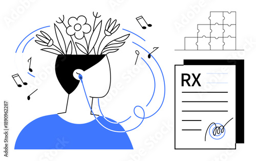 Music therapy. Visualization of music therapy mental health, healing through music, and creative growth. Music therapy benefits cognitive wellness and emotional balance. Ideal for healthcare