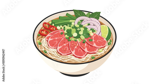 Flavorful Vietnamese Beef Pho Noodle Soup illustration, showcasing fresh ingredients and aromatic broth for an authentic culinary experience.