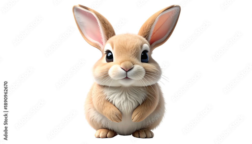 Fototapeta premium Adorable, cartoon-style rabbit with tan fur and big, expressive eyes, centered on black