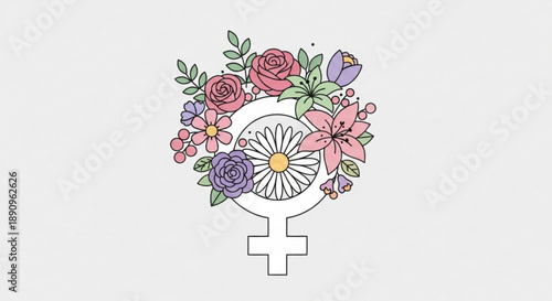 Female symbol decorated with colorful flowers and leaves on white background representing feminism and women's rights
