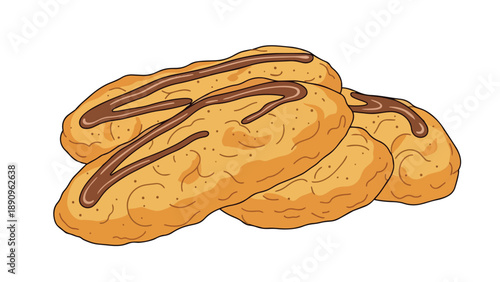 Artistic illustration of golden baked confectionery items, each adorned with an elegant chocolate topping, embodying delightful dessert indulgence