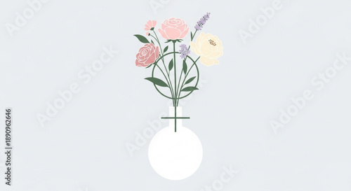 Minimalist illustration of pink yellow and purple flowers in a simple white vase on a light gray background with green leaves and stems