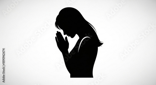 Woman in prayer silhouette with hands clasped in front of face symbolizing faith hope and spirituality on a white background