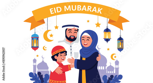 Muslim family hugging after Eid prayer in a festive mosque courtyard, modern flat vector illustration celebrating faith, joy, unity, and Eid Mubarak spirit
