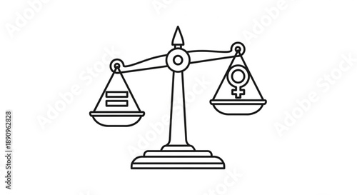 Scales of justice with gender equality symbol balancing law books representing fairness and equal rights in a simple line drawing