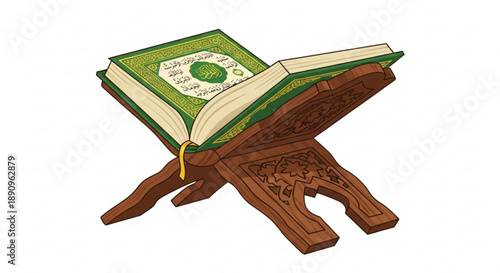 Green book with gold bookmark on wooden lectern symbolizing knowledge and spirituality with intricate designs