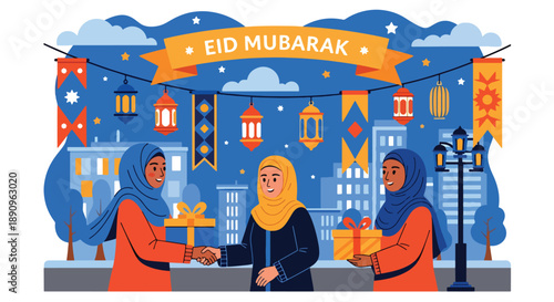 People exchanging gifts on a decorated street during Eid celebration, modern flat vector illustrating festive greetings, friendship, and joyful Eid Mubarak tradition