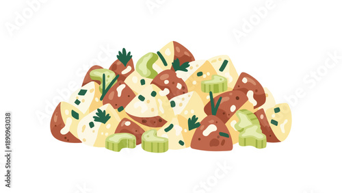 Delicious potato salad illustration with tender golden potatoes savory meat chunks crisp green celery and fresh herbs a vibrant graphic for culinary