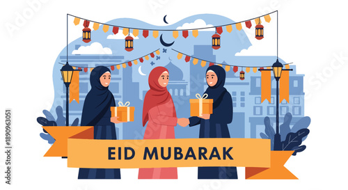 People exchanging gifts on a decorated street during Eid celebration, modern flat vector illustrating festive greetings, friendship, and joyful Eid Mubarak tradition