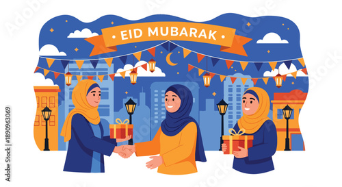 People exchanging gifts on a decorated street during Eid celebration, modern flat vector illustrating festive greetings, friendship, and joyful Eid Mubarak tradition