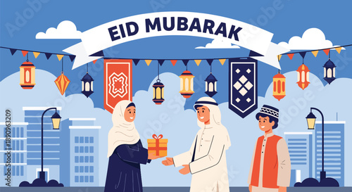 People exchanging gifts on a decorated street during Eid celebration, modern flat vector illustrating festive greetings, friendship, and joyful Eid Mubarak tradition