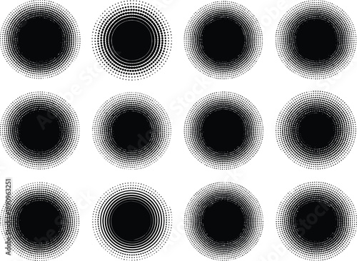 Abstract radial patterns composed of halftone dots, creating gradient circles and spheres on white background