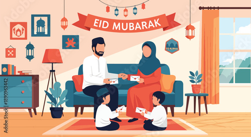 Children receiving Eid envelopes from parents at home, modern flat vector showing family happiness, generosity, and joyful Eid Mubarak celebration