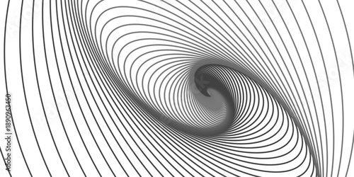 Abstract black and white background featuring a 3d digital illustration of a spiral metal tunnel with flowing blue light waves and gray geometric curves in a high technology pattern design