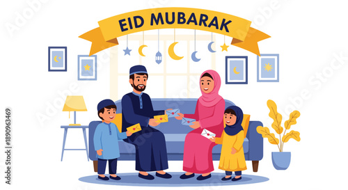 Children receiving Eid envelopes from parents at home, modern flat vector showing family happiness, generosity, and joyful Eid Mubarak celebration
