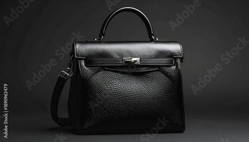 Elegant black leather handbag with handle, strap, and clasp
