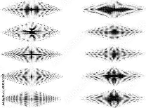 Abstract rhombus and oval shapes composed of halftone dots, creating a dynamic sense of depth and gradient in black and white.