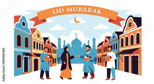 Friends visiting each other with sweet baskets during Eid, modern flat vector illustrating friendship, sharing, and festive Eid Mubarak spirit