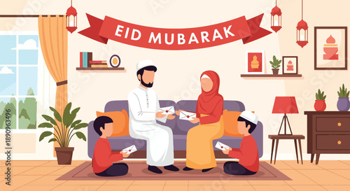 Children receiving Eid envelopes from parents at home, modern flat vector showing family happiness, generosity, and joyful Eid Mubarak celebration
