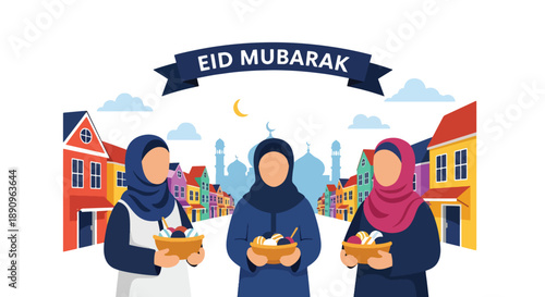 Friends visiting each other with sweet baskets during Eid, modern flat vector illustrating friendship, sharing, and festive Eid Mubarak spirit