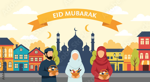 Friends visiting each other with sweet baskets during Eid, modern flat vector illustrating friendship, sharing, and festive Eid Mubarak spirit