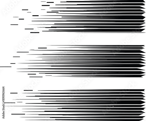 Three abstract black and white speed lines or motion blur graphics, perfect for conveying movement and energy in graphic design.