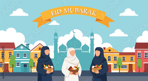 Friends visiting each other with sweet baskets during Eid, modern flat vector illustrating friendship, sharing, and festive Eid Mubarak spirit