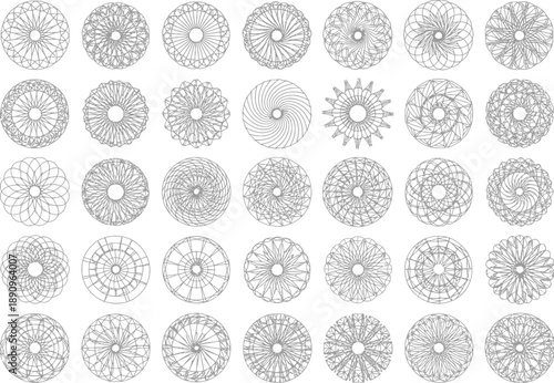 Large collection of 36 intricate circular geometric patterns and designs in a wireframe style