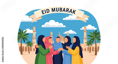 People greeting each other after Eid prayer at mosque courtyard, modern flat vector showing unity, faith, and festive Eid Mubarak celebration